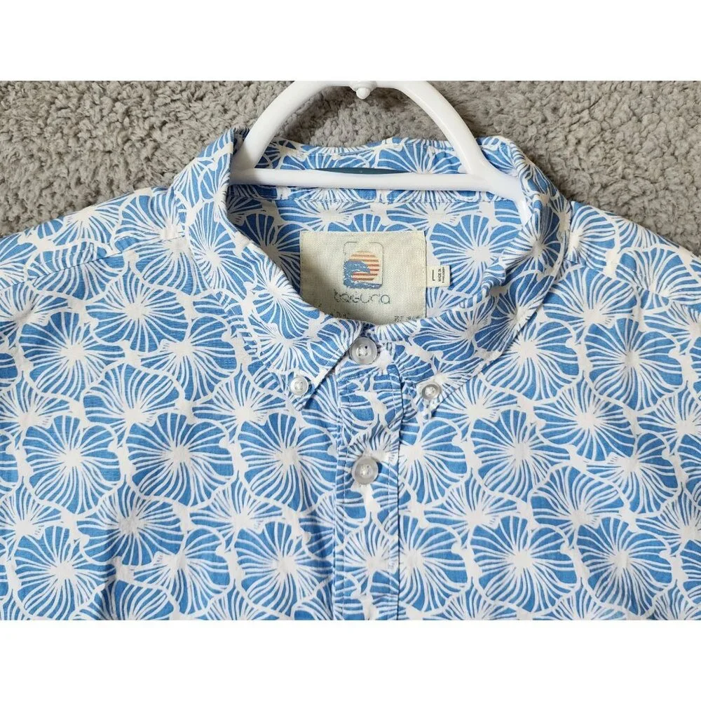Laguna Blue Floral Short Sleeve Button Down Hawaiian‎ Shirt Size L Cotton Blend